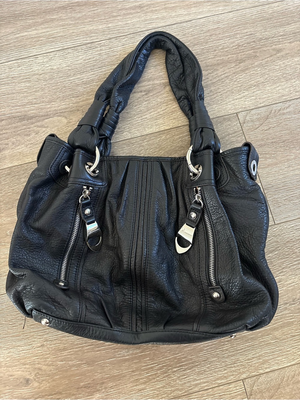 b. makowsky Black Pebbled Leather Shoulder Bag with Silver Hardware